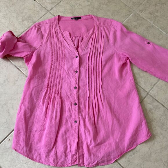 Chaus Sport Top Linen women’s M Pink Roll Tab Sleeves Button up Pin Tuck Blouse - Picture 5 of 10
